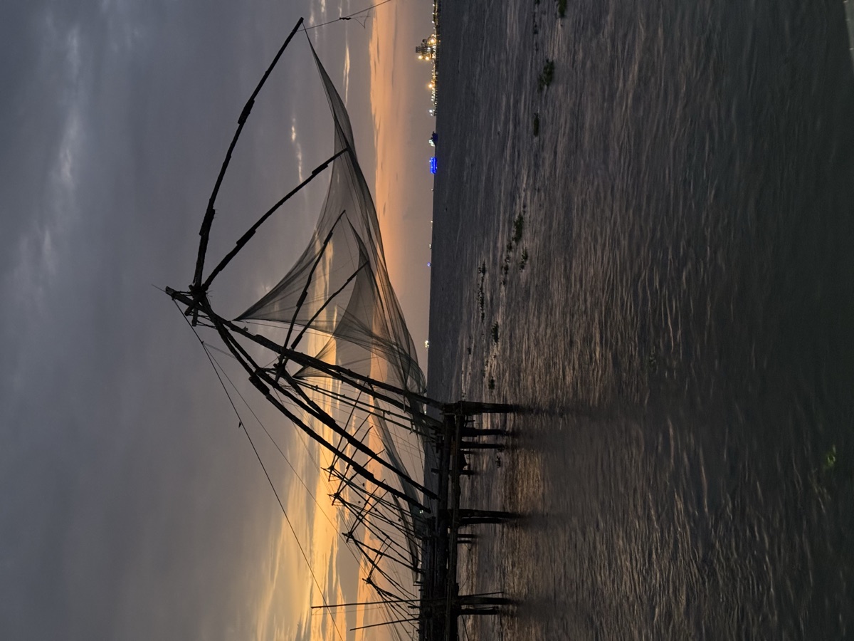 Cantilevered fishing nets at the water's edge